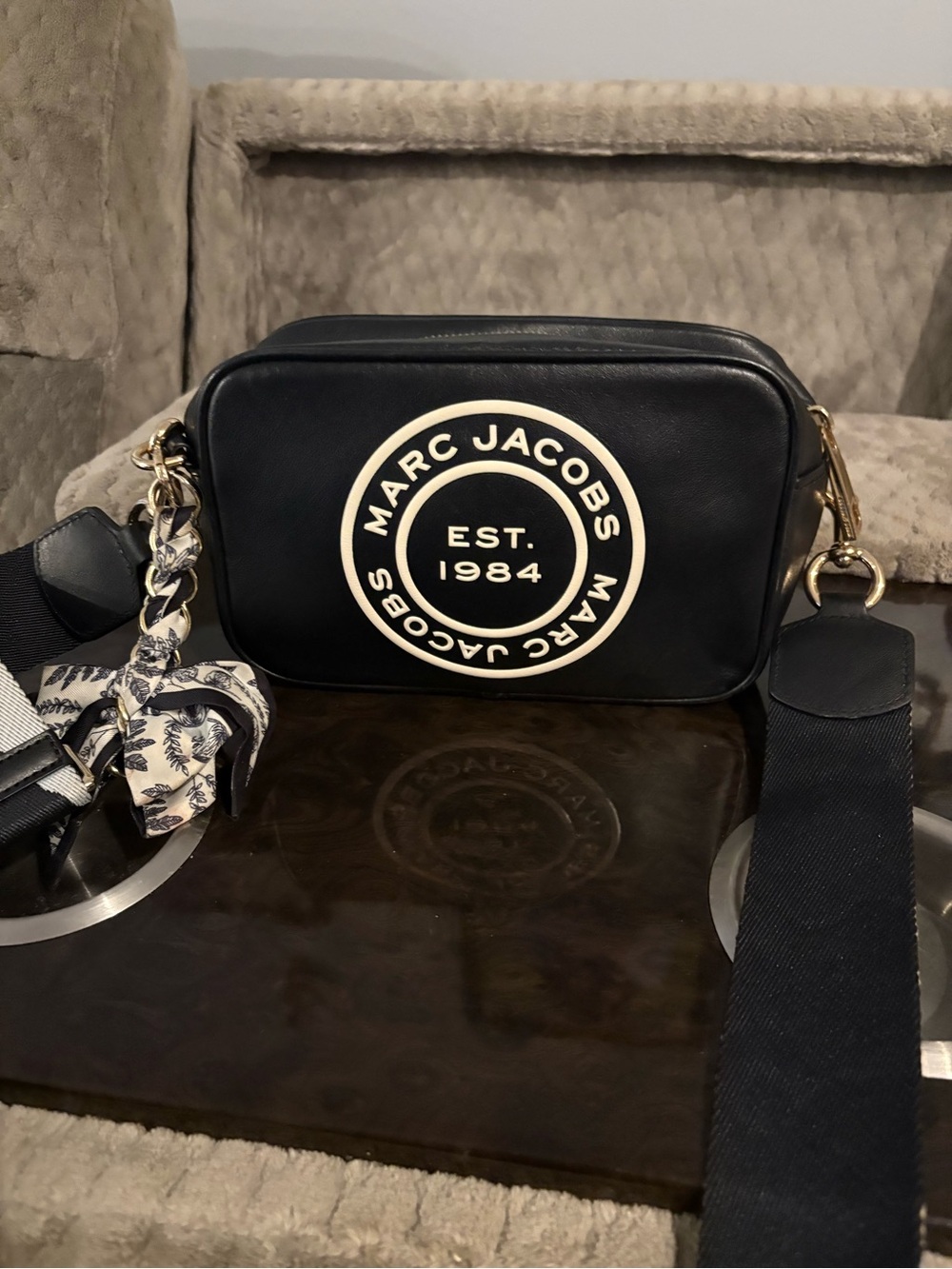 Marc Jacobs Black Leather Logo Camera Bag with Gold Hardware